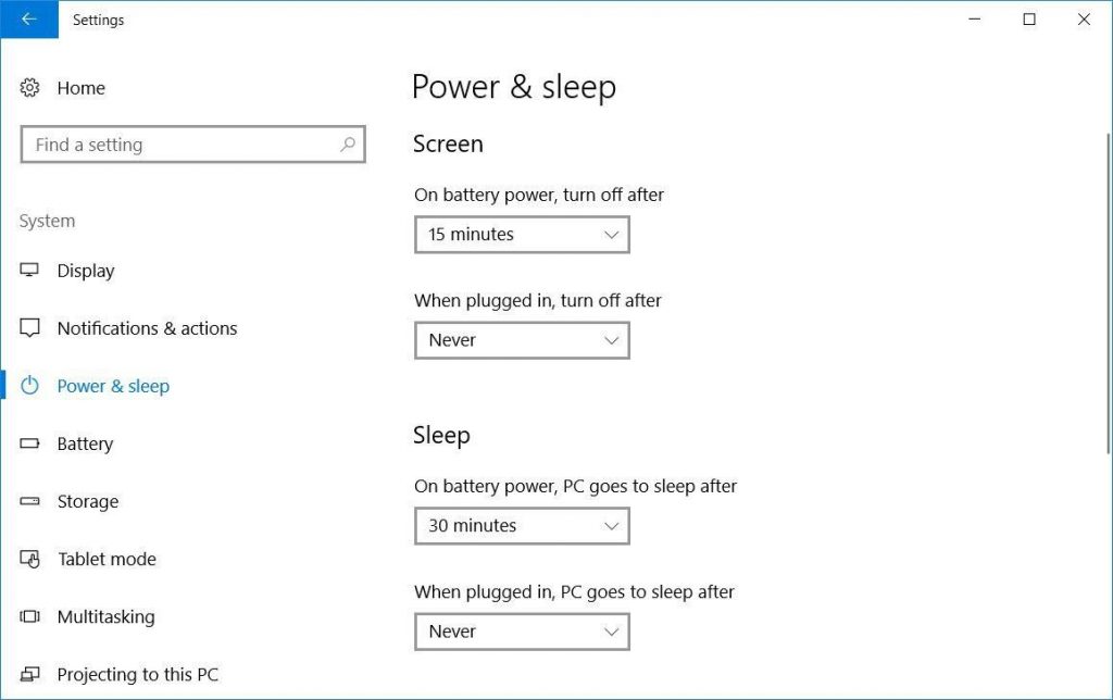 تنظیمات sleep در ویندوز 10